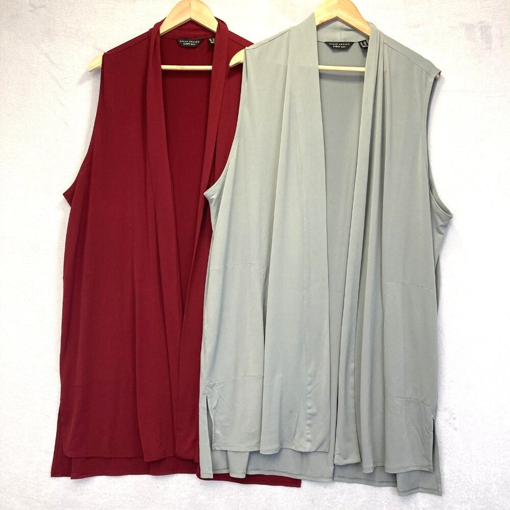 Susan Graver Sleeveless Drape Cardigan in Wine and Light Gray